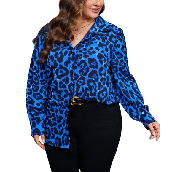 2/$30 SHEIN Clasi Leopard Print Button Front Shirt Blue 6 #A0291 TRB2 - Picture 6 of 11